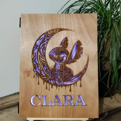 Cadre LED Stitch Personnalisé – Veilleuse Bois